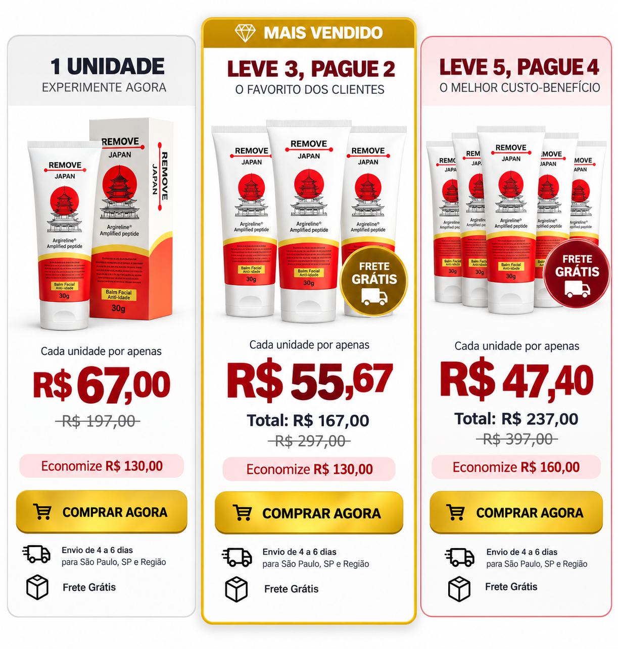 Ofertas Remove Japan atualizadas: 1 unidade R$ 67,00, leve 3 pague 2 R$ 167,00 e leve 5 pague 4 R$ 237,00